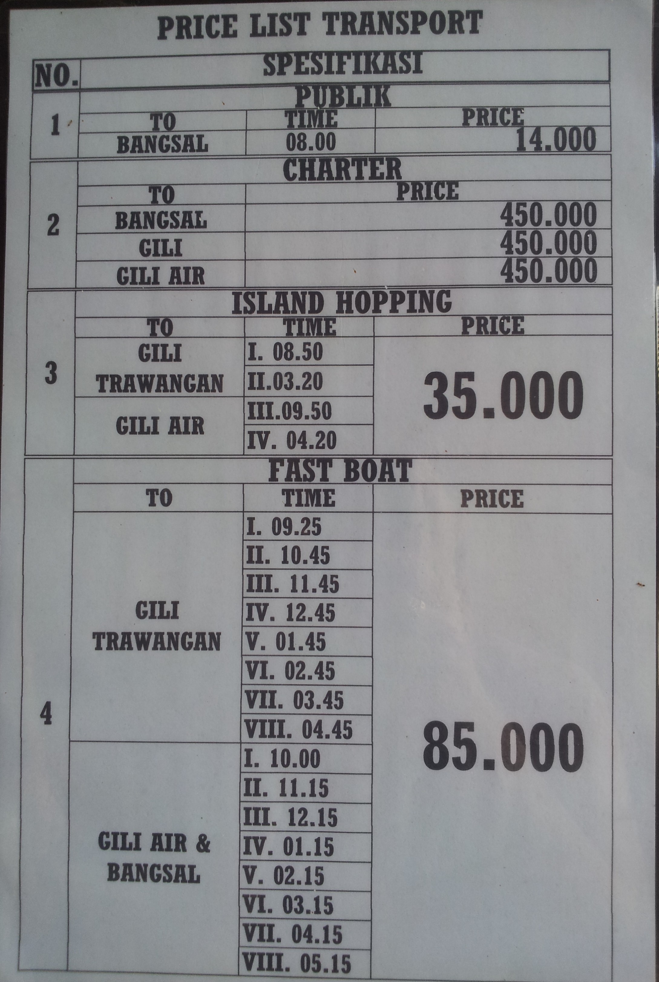 Gili Meno boat schedule at the harbour office